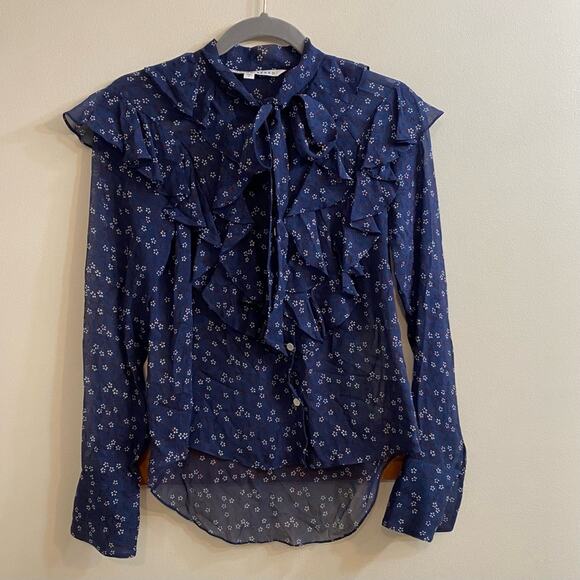 Veronica Beard Finley Silk Ruffle Tie Neck Blouse Dark Blue Floral Women’s Sz 0 - Picture 15 of 16
